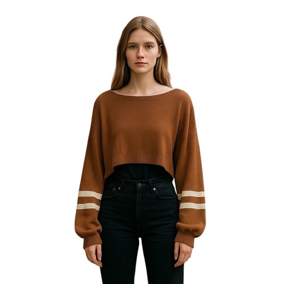 Y2K Varsity Double Striped Cropped Acrylic Sweater SIZE Large Brown & Wh… - Picture 1 of 11